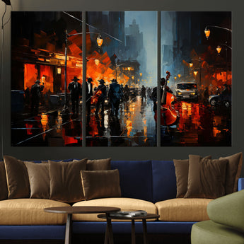 32816-MGV-CV-36X24-City Jazz Night Wall Art – Modern Abstract Urban Street Scene Canvas Print, Moody Music-Themed Decor for Living Room, Office, or