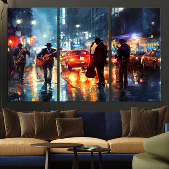 94605-MGV-CV-36X24-City Jazz Night Wall Art – Vibrant Music Canvas Print Featuring Saxophone, Guitar and Bass Players, Urban Street Scene Artwork for