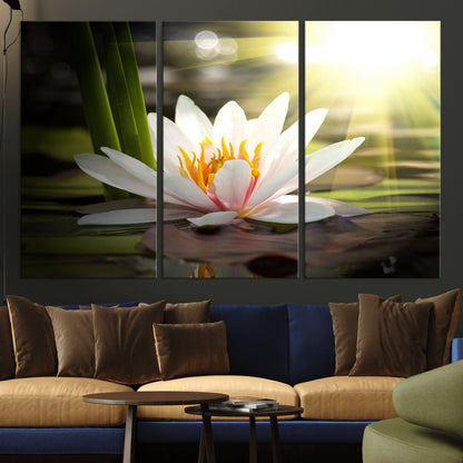 40478-MGV-CV-36X24-Water Lily Wall Art – White Lotus Flower Canvas Print with Sunlight Reflection, Serene Botanical Artwork for Living Room, Bedroom,