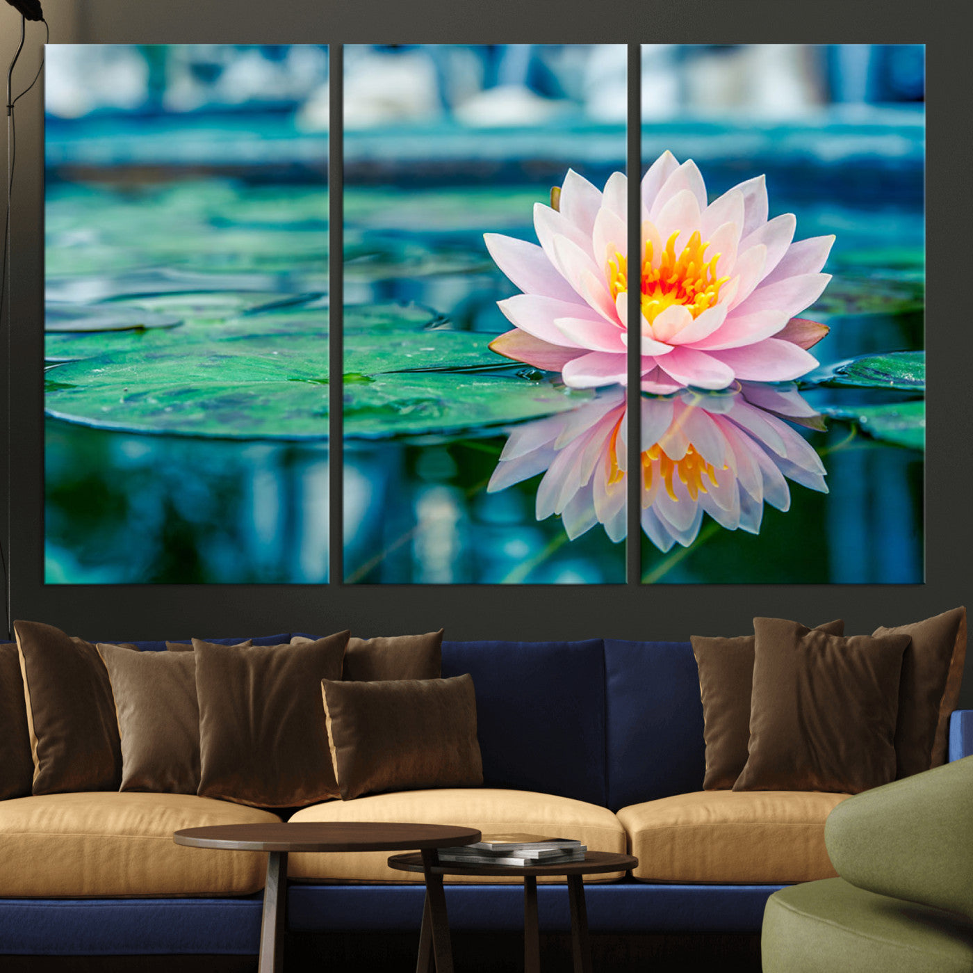 65933-MGV-CV-36X24-Pink Water Lily Wall Art – Lotus Flower Canvas Print with Reflection on Calm Water, Peaceful Botanical Artwork for Living Room,