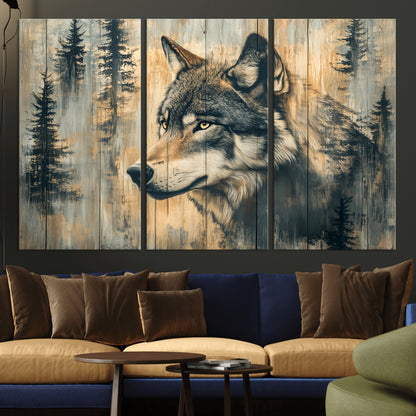 51892-MGV-CV-36X24-Wolf Wall Art – Rustic Canvas Print of Wolf with Forest Trees on Wood Texture, Wildlife Lodge Artwork for Living Room, Bedroom,