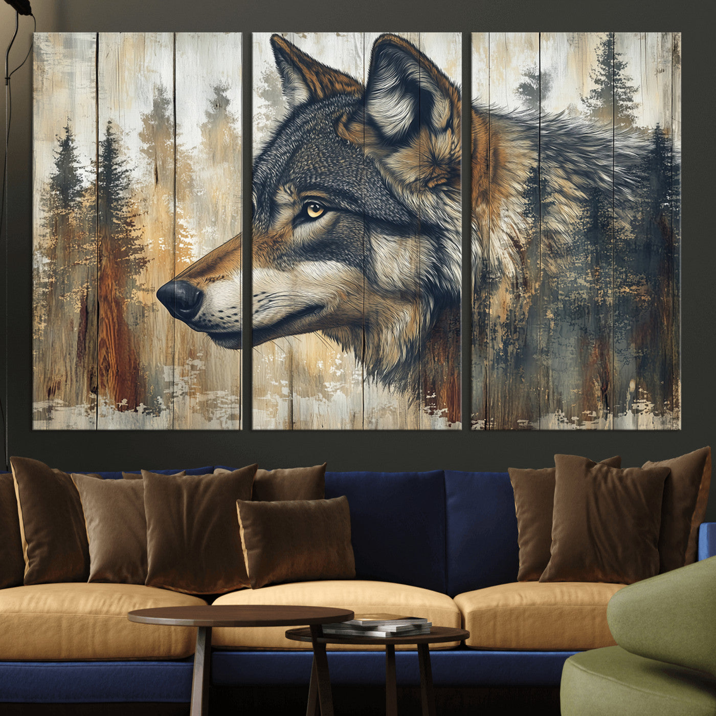 91882-MGV-CV-36X24-Wolf Wall Art – Rustic Canvas Print of Forest Wolf on Wood Background, Wildlife Lodge Artwork for Living Room, Bedroom, Cabin, or
