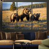 43400-MGV-CV-36X24-Bear Family Wall Art – Wildlife Canvas Print of Mother Bear with Cubs in Sunlit Meadow, Rustic Animal Artwork for Living Room,