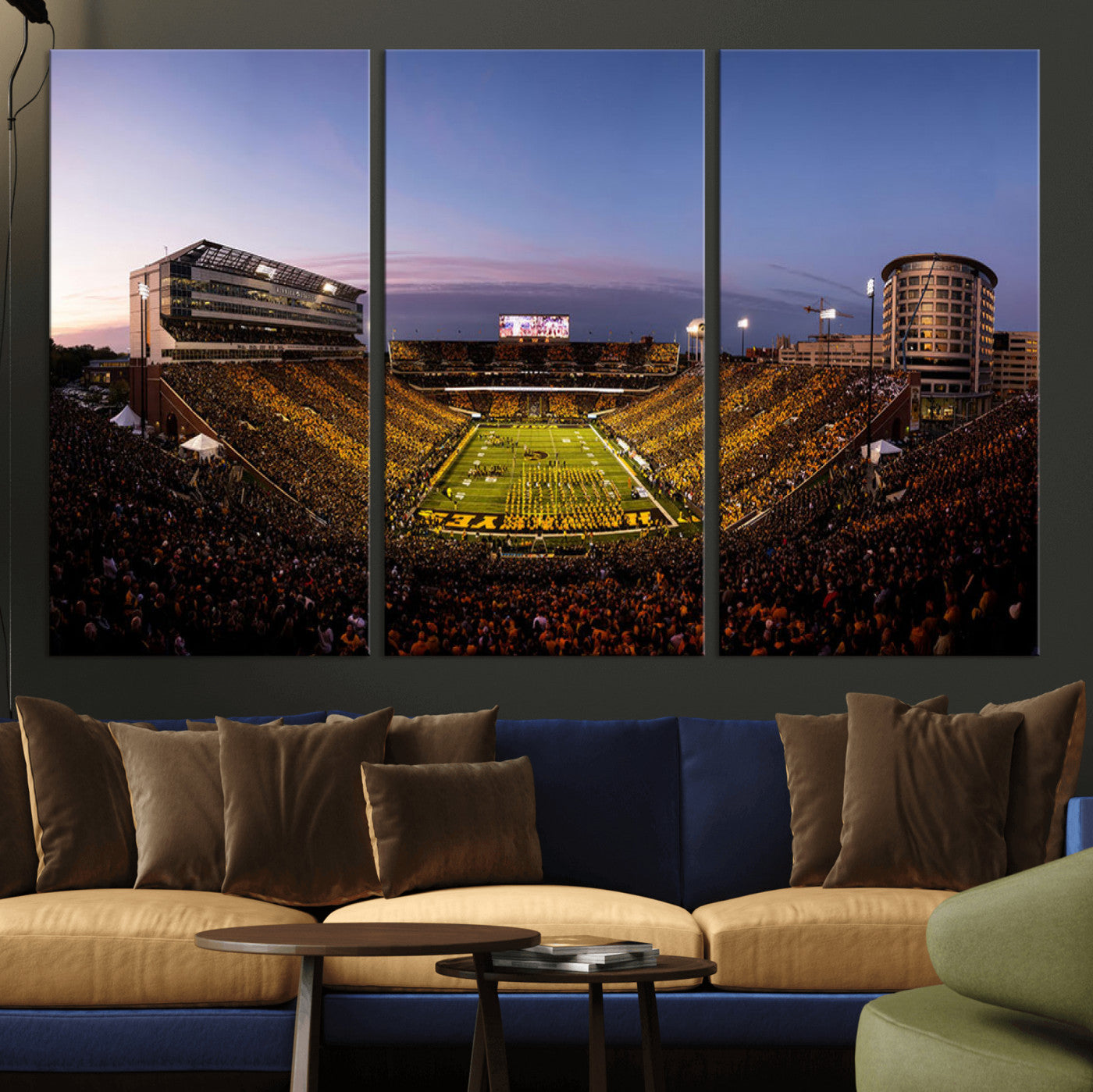 82557-MGV-CV-36X24-College Football Stadium Wall Art – Panoramic Sunset Canvas Print with Marching Band and Game Day Crowd, Sports Artwork for Man