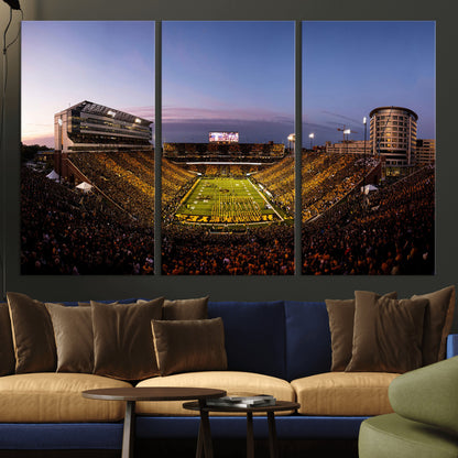 82557-MGV-CV-36X24-College Football Stadium Wall Art – Panoramic Sunset Canvas Print with Marching Band and Game Day Crowd, Sports Artwork for Man
