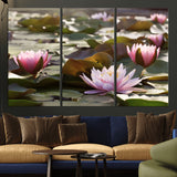 28394-MGV-CV-36X24-Water Lily Pond Wall Art – Pink Lotus Flowers Canvas Print with Green Lily Pads, Peaceful Botanical Artwork for Living Room,