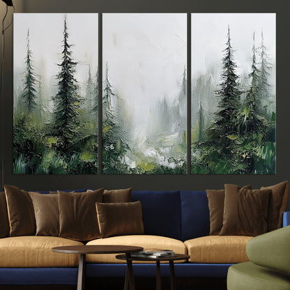 76014-MGV-CV-36X24-Forest Wall Art – Textured Canvas Print Featuring Misty Evergreen Pines and Woodland Landscape, Rustic Nature Artwork for Living