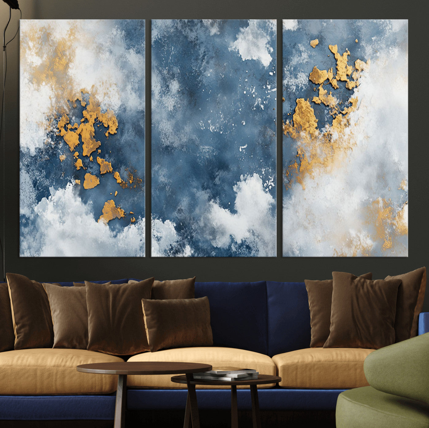 39575-MGV-CV-36X24-Blue and Gold Abstract Wall Art – Modern Canvas Print Featuring Cloudy Textures with Metallic Accents, Contemporary Artwork for