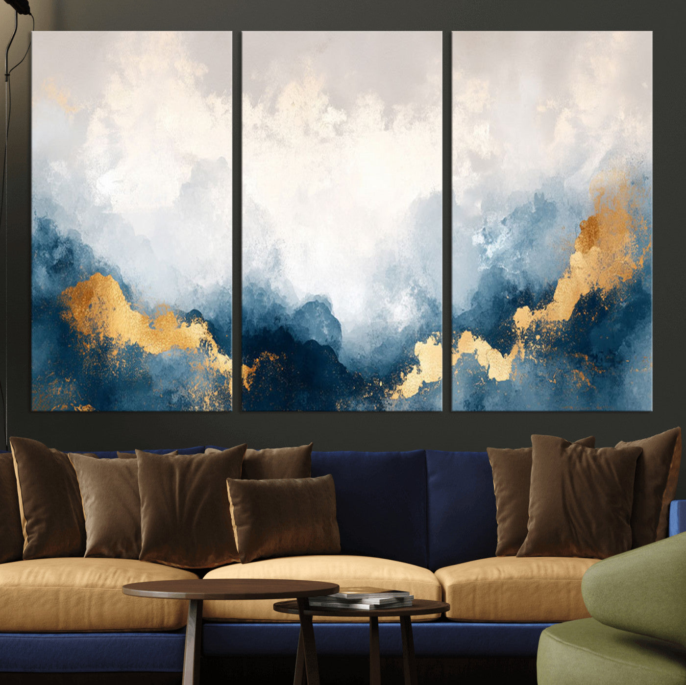 14578-MGV-CV-36X24-Abstract Wall Art – Modern Canvas Print Featuring Blue and White Clouds with Golden Accents, Contemporary Elegant Artwork for