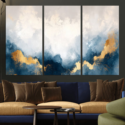 14578-MGV-CV-36X24-Abstract Wall Art – Modern Canvas Print Featuring Blue and White Clouds with Golden Accents, Contemporary Elegant Artwork for