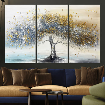 24771-MGV-CV-36X24-Silver Tree Wall Art Canvas Print, Framed Golden Leaves Art Picture Print, Metallic Tree Perfect Minimalist Luxury Decor Artwork