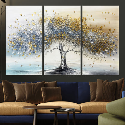 24771-MGV-CV-36X24-Silver Tree Wall Art Canvas Print, Framed Golden Leaves Art Picture Print, Metallic Tree Perfect Minimalist Luxury Decor Artwork