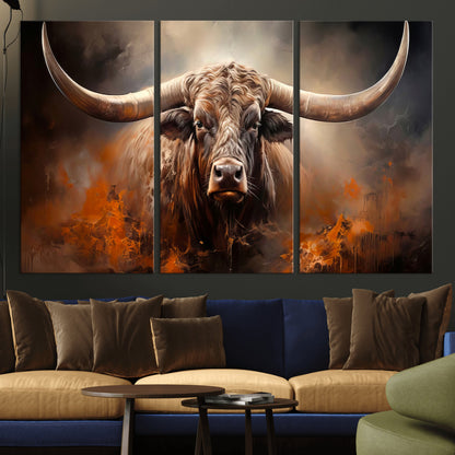 240479-MGV-CV-36X24-Longhorn Bull Wall Art – Dramatic Western Canvas Print Featuring Horned Bull with Fiery Background, Rustic Farmhouse Artwork for