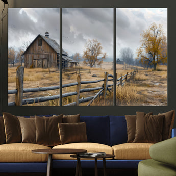 Farm1-MGV-CV-36X24-Rustic Autumn Farmhouse Wall Art – Serene Countryside Scene Canvas Print, Weathered Barn and Autumn Trees Decor for Living Room,
