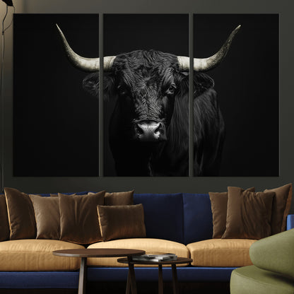 97914921-MGV-CV-36X24-Black Bull Wall Art Canvas Print, Framed Longhorn Bull Art Picture Print, Western Bull Perfect Monochrome Western Decor Artwork