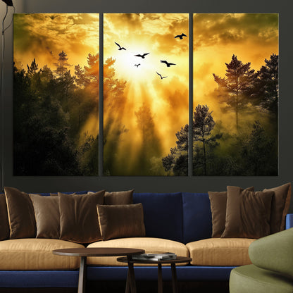 13776802-MGV-CV-36X24-Golden Forest Wall Art Canvas Print, Framed Sunset Pines Art Picture Print, Flying Birds Perfect Nature Glow Decor Artwork