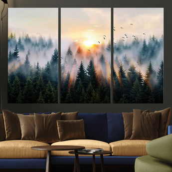 56391411-MGV-CV-36X24-Misty Forest Wall Art Canvas Print, Framed Sunrise Pines Art Picture Print, Moody Pines Perfect Serene Woodland Decor Artwork