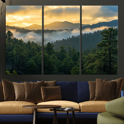 68082278-MGV-CV-36X24-Mountain Sunrise Wall Art Canvas Print, Framed Pine Forest Art Picture Print, Misty Mountains Perfect Earthy Woodland Decor