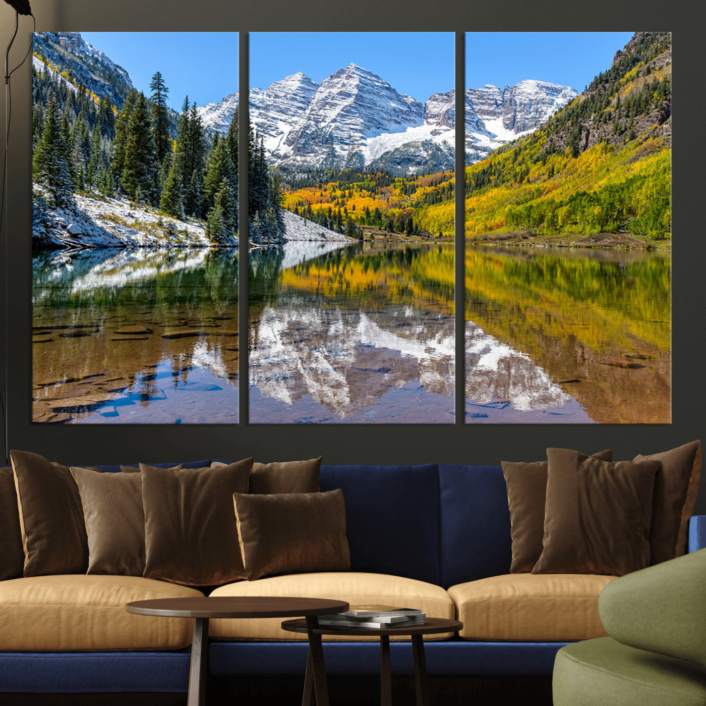 87724099-MGV-CV-36X24-Maroon Bells Wall Art Canvas Print, Framed Snowy Mountains Art Picture Print, Pine Forest Perfect Vibrant Alpine Decor Artwork