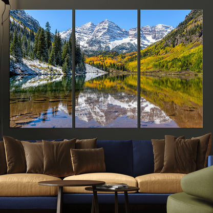 87724099-MGV-CV-36X24-Maroon Bells Wall Art Canvas Print, Framed Snowy Mountains Art Picture Print, Pine Forest Perfect Vibrant Alpine Decor Artwork