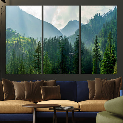 83417191-MGV-CV-36X24-Misty Mountain Forest Wall Art – Pine Tree Landscape Canvas Print, Nature Photography Panorama, Tranquil Green Forest Décor for