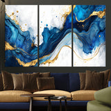 33506371-MGV-CV-36X24-Blue Marble Wall Art Canvas Print, Framed Gold Splash Art Picture Print, Abstract Wave Perfect Modern Luxe Decor Artwork