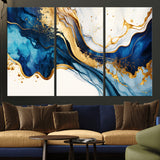 60283636-MGV-CV-36X24-Blue Gold Flow Wall Art Canvas Print, Framed Marble Texture Art Picture Print, Elegant Splash Perfect Elegant Abstract Decor
