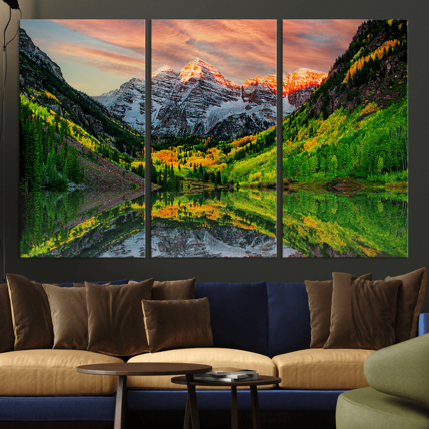 59533484-MGV-CV-36X24-Maroon Bells Autumn Wall Art – Panoramic Mountain Landscape Canvas Print, Sunset Reflection Nature Artwork for Living Room, Office