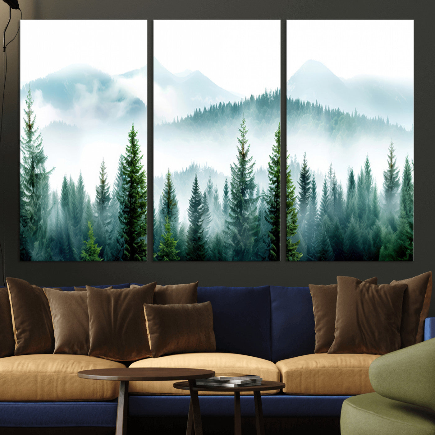 16716676-MGV-CV-48X32-3P-Pine Forest Wall Art Canvas Print, Framed Misty Mountains Art Picture Print, Foggy Trees Perfect Moody Forest Decor Artwork
