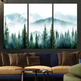 16716676-MGV-CV-48X32-3P-Pine Forest Wall Art Canvas Print, Framed Misty Mountains Art Picture Print, Foggy Trees Perfect Moody Forest Decor Artwork