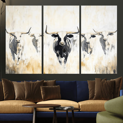 40397799-MGV-CV-36X24-Texas Longhorn Wall Art Canvas Print, Framed Rustic Herd Art Picture Print, Western Bull Perfect Neutral Western Decor Artwork