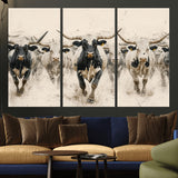 61538944-MGV-CV-36X24-Texas Longhorn Wall Art Canvas Print, Framed Cattles Walking Art Picture Print, Black White Bulls Perfect Rustic Western Decor