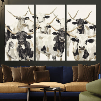 52947970-MGV-CV-36X24-Texas Longhorn Wall Art Canvas Print, Framed Cattle Herd Art Picture Print, Herd Portrait Perfect Modern Farmhouse Decor Artwork