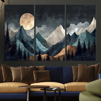11060882-MGV-CV-36X24-Moonlit Mountains Wall Art Canvas Print, Framed Forest Silhouette Art Picture Print, Night Landscape Perfect Modern Forest Decor
