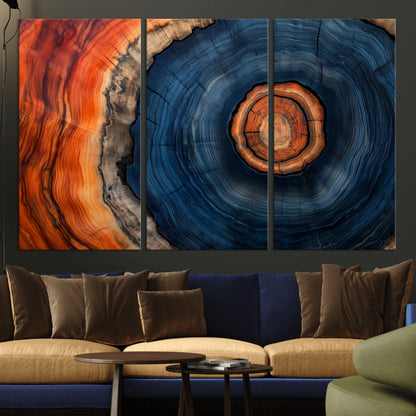 72209152-MGV-CV-36X24-Abstract Tree Ring Wall Art – Vibrant Blue Orange Wood Grain Canvas Print, Rustic Modern Nature Artwork for Living Room, Office,