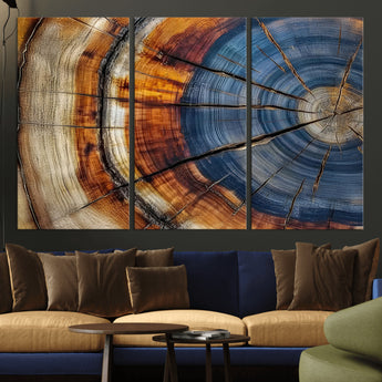 18032999-MGV-CV-36X24-Tree Ring Wall Art – Blue Brown Abstract Wood Slice Canvas Print, Rustic Modern Nature Decor for Living Room, Office, Bedroom or