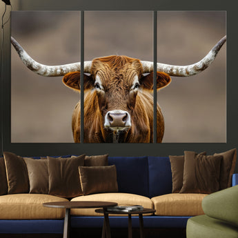 12179171-MGV-CV-36X24-Texas Longhorn Wall Art Canvas Print, Framed Brown Bull Art Picture Print, Lone Cattle Perfect Rustic Western Decor Artwork
