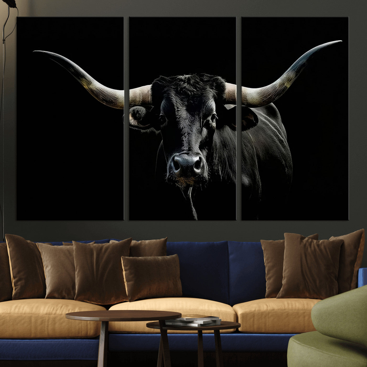 37531960-MGV-CV-36X24-Black Longhorn Bull Wall Art – Dramatic Western Cattle Canvas Print, Rustic Farmhouse Animal Artwork for Living Room, Bedroom,
