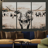 27497342-MGV-CV-36X24-Texas Longhorn Wall Art Canvas Print, Framed Speckled Cow Art Picture Print, Horned Cattle Perfect Rustic Western Decor Artwork