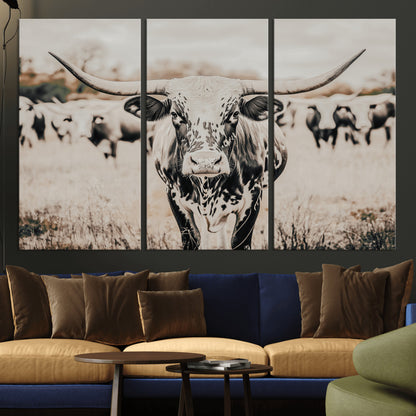 27497342-MGV-CV-36X24-Texas Longhorn Wall Art Canvas Print, Framed Speckled Cow Art Picture Print, Horned Cattle Perfect Rustic Western Decor Artwork