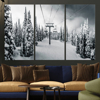31156828-MGV-CV-36X24-Snowy Pines Wall Art Canvas Print, Framed Ski Lift Art Picture Print, Winter Forest Perfect Moody Lodge Decor Artwork