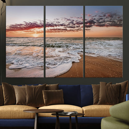 39846389-MGV-CV-36X24-Ocean Sunset Wall Art Canvas Print, Framed Sandy Shore Art Picture Print, Gentle Waves Perfect Minimalist Coastal Decor Artwork