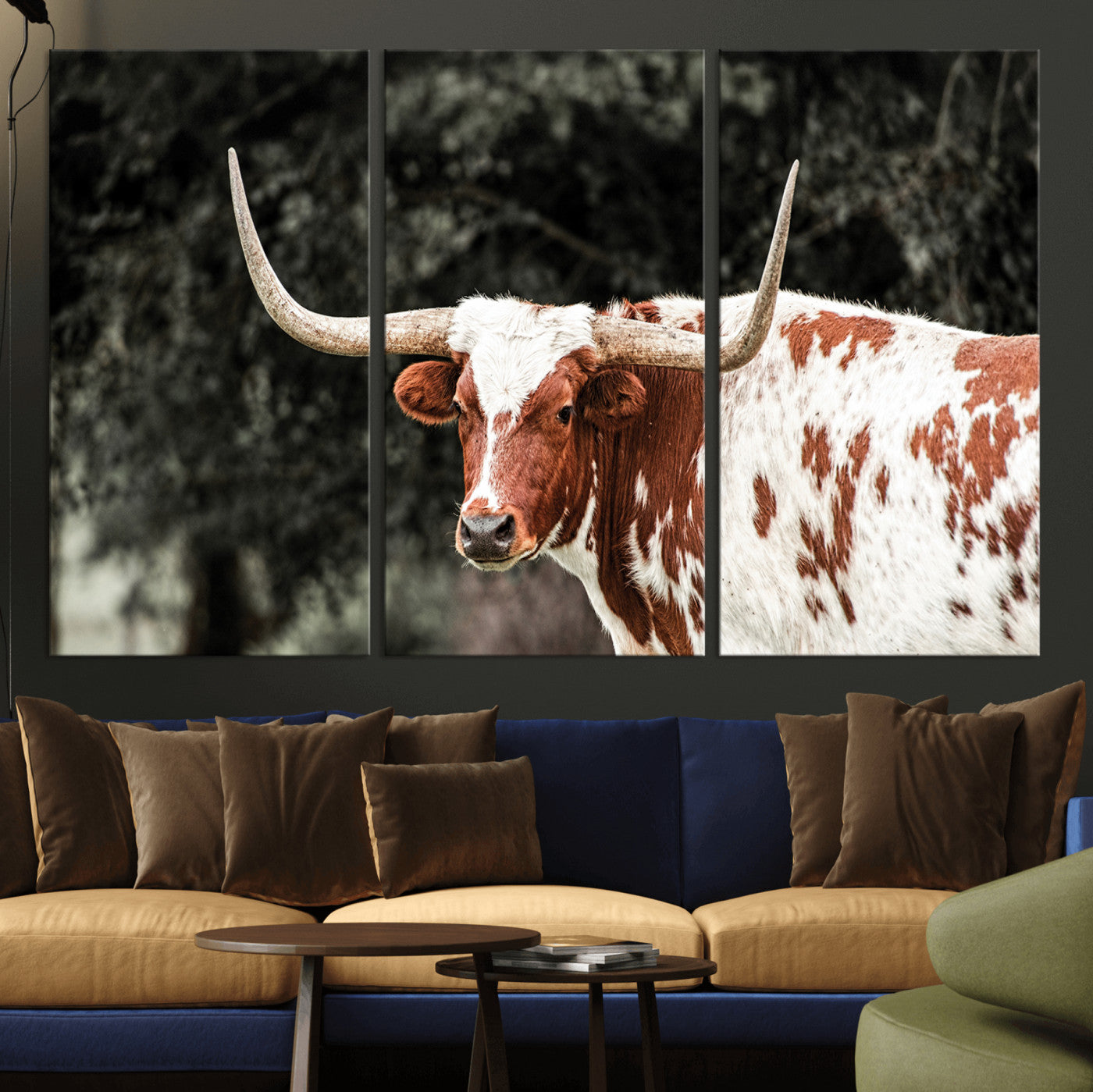 54027638-MGV-CV-36X24-Texas Longhorn Wall Art Canvas Print, Framed Spotted Cow Art Picture Print, Horned Bull Perfect Rustic Western Decor Artwork