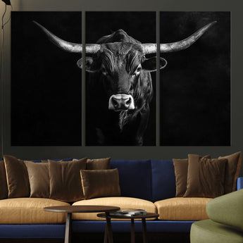 42077175-MGV-CV-36X24-Texas Longhorn Wall Art Canvas Print, Framed Monochrome Bull Art Picture Print, Horned Bull Perfect Rustic Western Decor Artwork