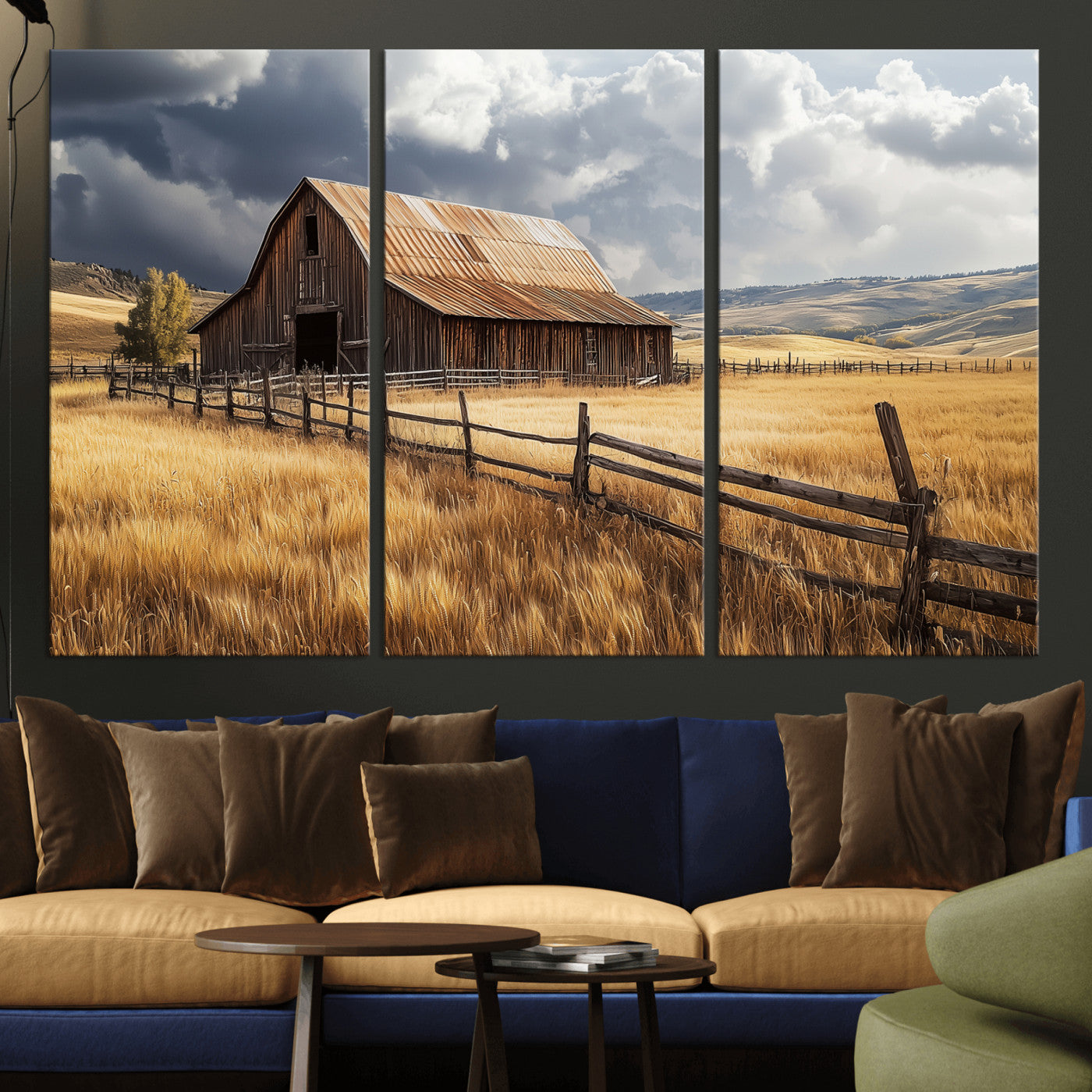 38758826-MGV-CV-36X24-Rustic Barn Wall Art Canvas Print, Framed Moody Barn Art Picture Print, Golden Field Perfect Rustic Farmhouse Decor Artwork