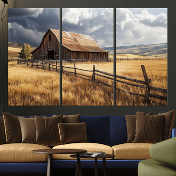38758826-MGV-CV-36X24-Rustic Barn Wall Art Canvas Print, Framed Moody Barn Art Picture Print, Golden Field Perfect Rustic Farmhouse Decor Artwork