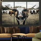 79025945-MGV-CV-36X24-Texas Longhorn Wall Art Canvas Print, Framed Speckled Cow Art Picture Print, Horned Cattle Perfect Rustic Western Decor Artwork