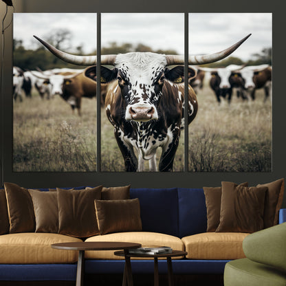79025945-MGV-CV-36X24-Texas Longhorn Wall Art Canvas Print, Framed Speckled Cow Art Picture Print, Horned Cattle Perfect Rustic Western Decor Artwork