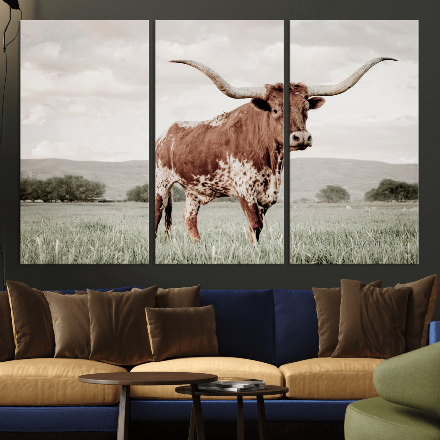 28309012-MGV-CV-36X24-Texas Longhorn Wall Art Canvas Print, Framed Spotted Cattle Art Picture Print, Horned Bull Perfect Rustic Western Decor Artwork