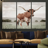 28309012-MGV-CV-36X24-Texas Longhorn Wall Art Canvas Print, Framed Spotted Cattle Art Picture Print, Horned Bull Perfect Rustic Western Decor Artwork